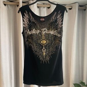 Harley-Davidson Black and Gold Winged Open Back Fringe Tank Top